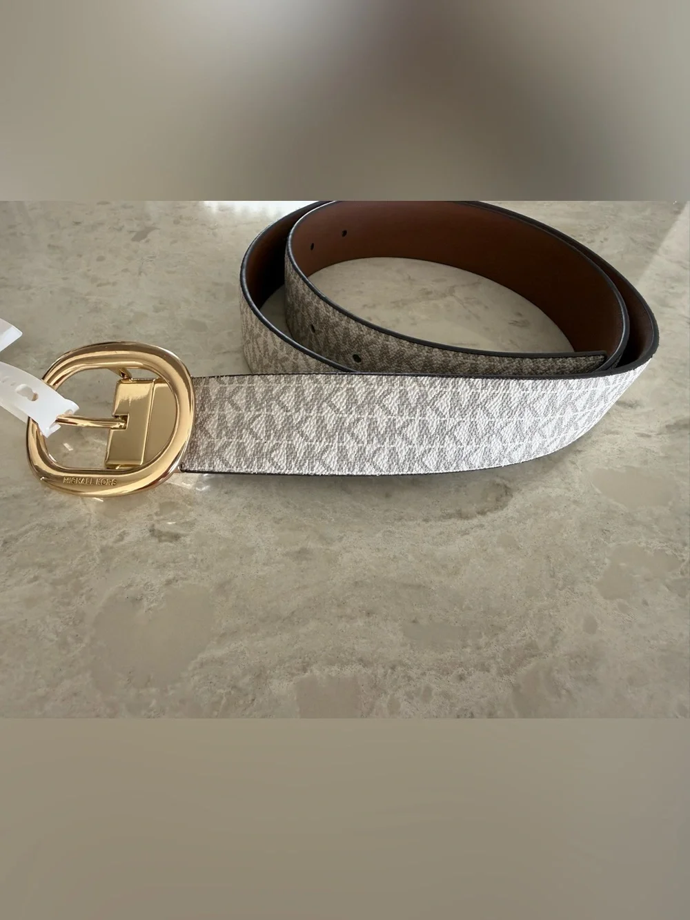Michael Kors Women's Belt Vanilla Luggage Gold Oval Buckle XL